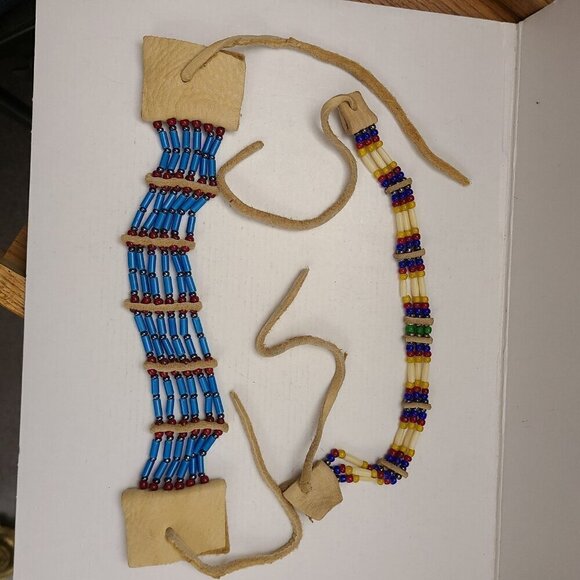 Set of 2 Leather and Bead Native American Choker Necklaces - Picture 7 of 15